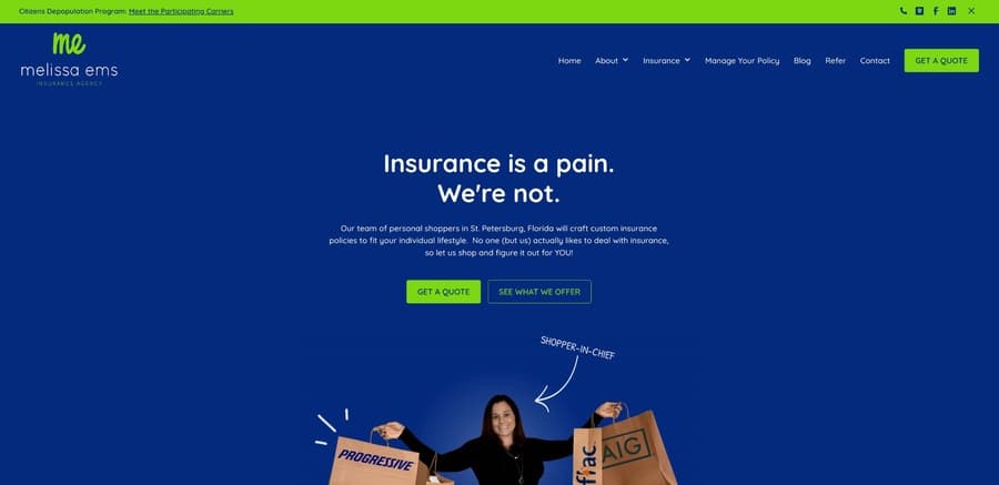 Melissa Ems Insurance Agency website screenshot