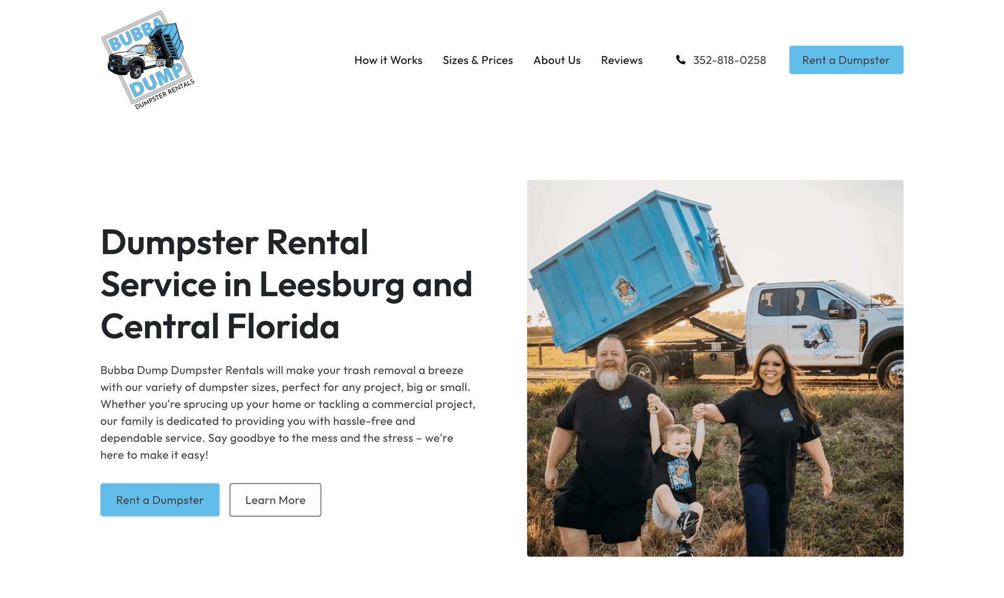 Bubba Dump Dumpster Rentals website screenshot