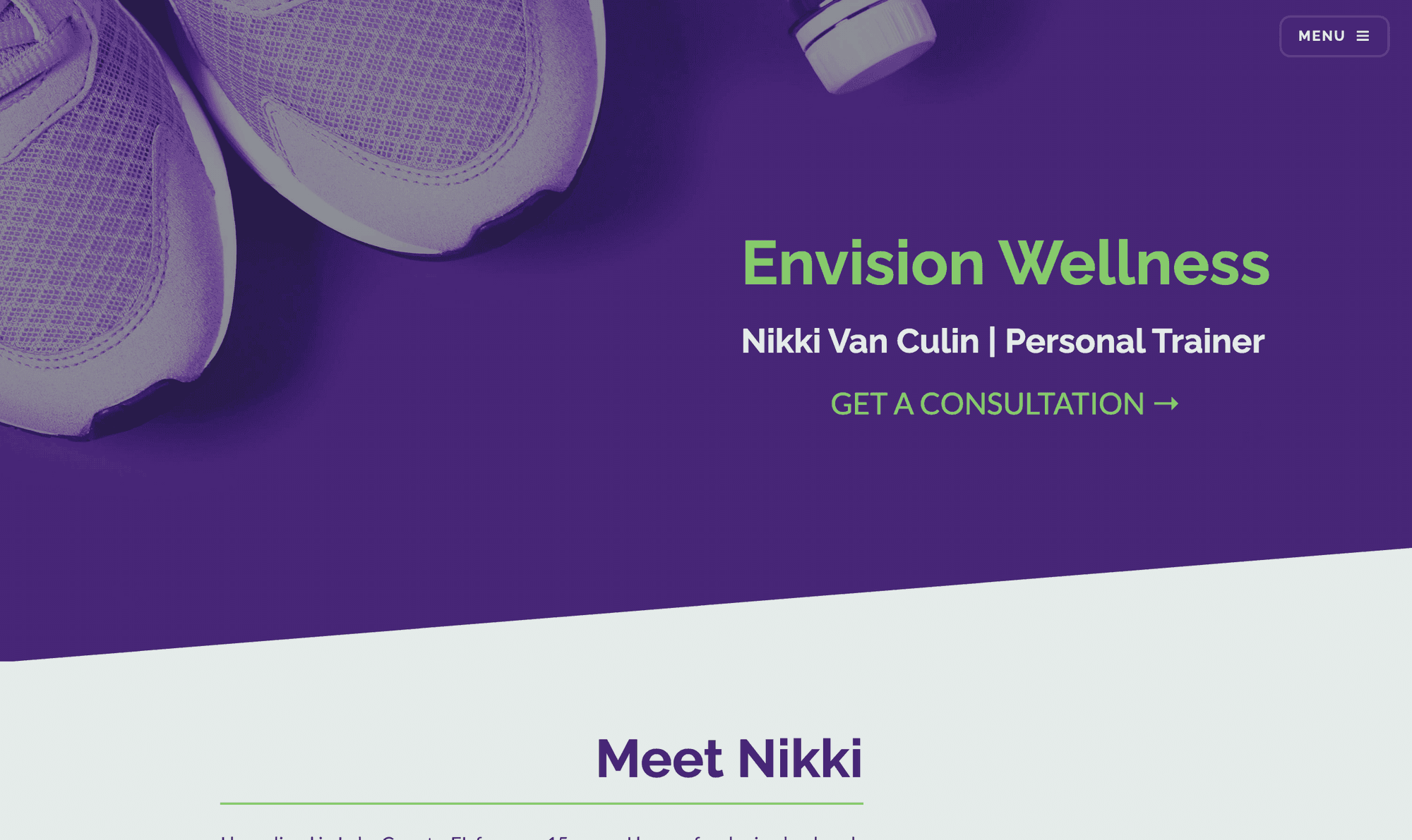 Her old website: purple sneakers on a purple background beside the name in green and the line Nikki Van Culin, Personal Trainer