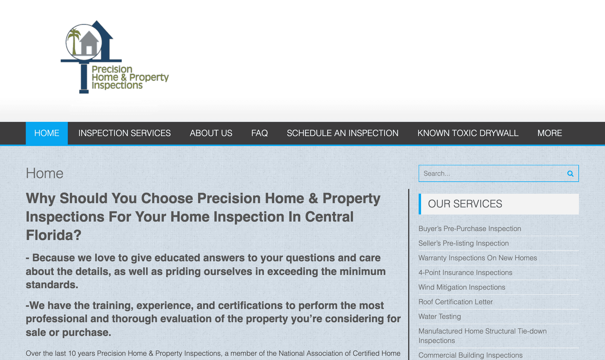 The old Precision website: a small logo over a dark menu bar, then a wall of bold text on a pale blue background
